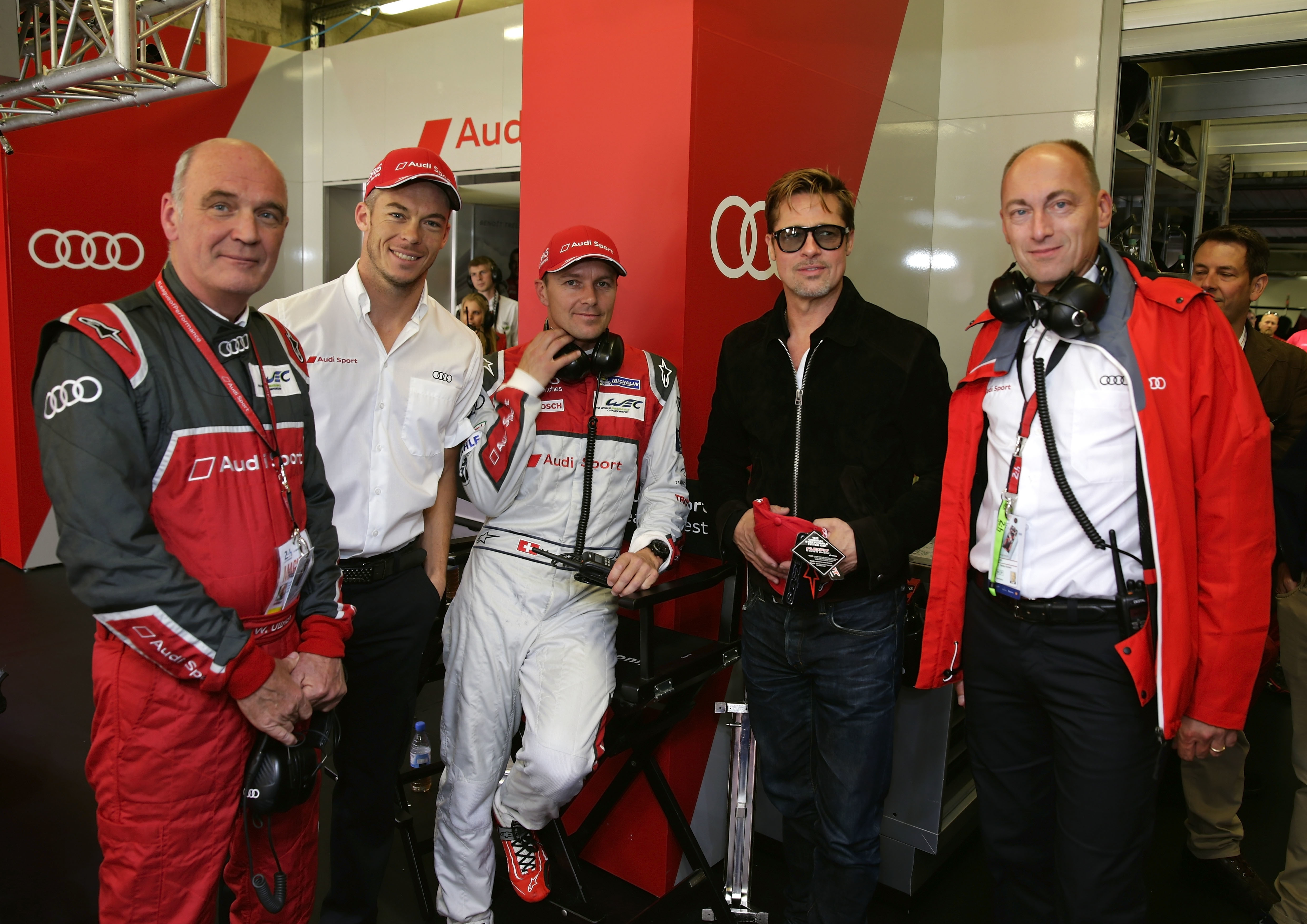 Dr. Wolfgang Ullrich (Head of Audi Sport), André Lotterer, Marcel Fässler, Brad Pitt, Dr.-Ing. Stefan Knirsch